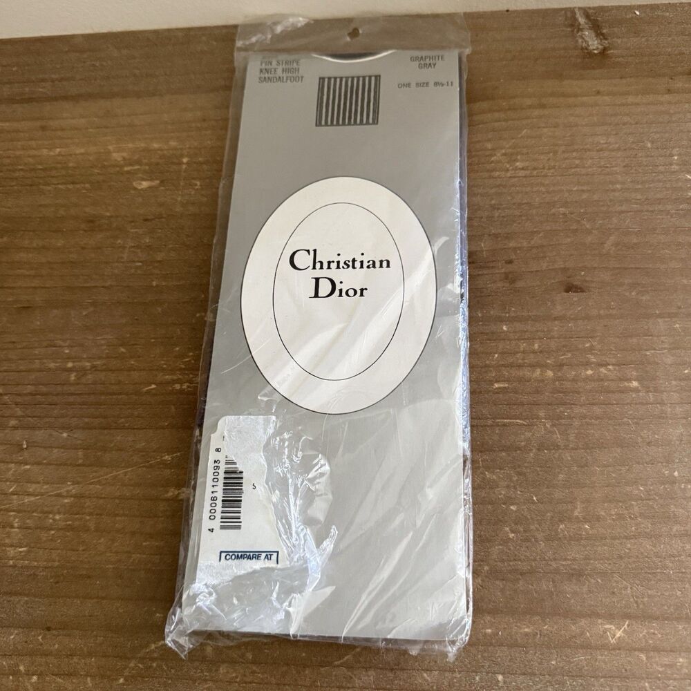 Vtg 80s Christian Dior Nylon Knee High Striped Sandalfoot Gray 8.5-11 New